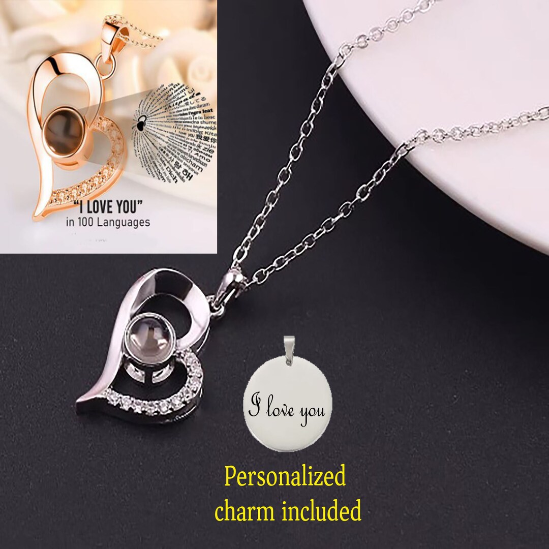 Personalized 100 Language Necklace with Charm -Heart projection